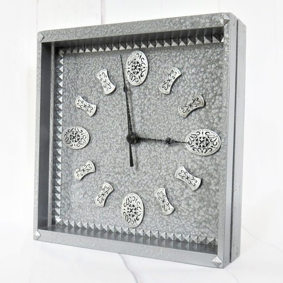 Silver Wall Clock Hammered Metal Paint Finish Square Clock.....924 - Picture 2 of 8